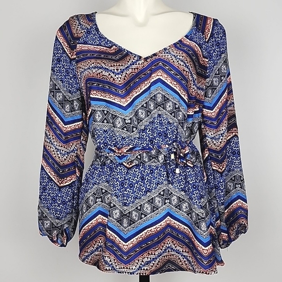 New Look Boho V Neck Long Sleeve Top Blue Red Grey Print Lightweight Size M - Picture 1 of 11
